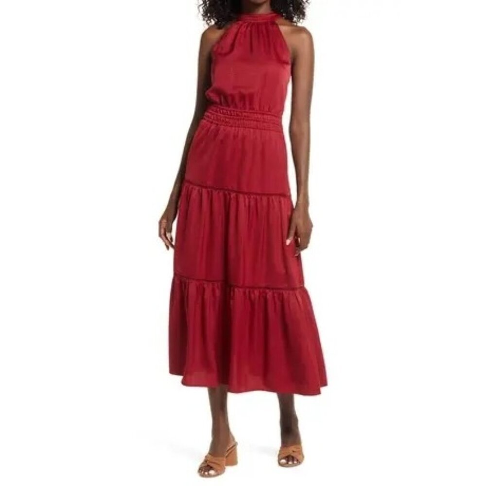 Lost + Wander Fleur Halter Maxi Dress‎ in burgundy XL
